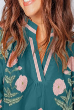 Teal floral embroidered notched blouse with pink poppies green foliage and pale pink piping on v-neckline