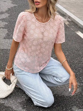 Pink floral lace blouse with puffed sleeves round neckline and pearl trim embroidery for elegant wear