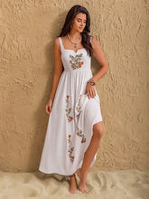 White floral embroidered sleeveless maxi dress with sweetheart neckline