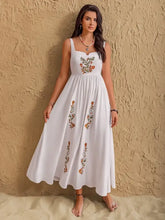 White floral embroidered sleeveless maxi dress with spaghetti straps
