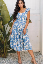 Floral Flutter Shoulder Tiered Flowy Midi Dress Dusty Blue Casual Dresses