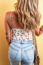 White floral print bodysuit with floral frilled trim and delicate trim spaghetti straps for stylish wear