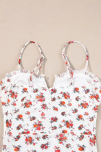 White floral print camisole with frilled trim spaghetti straps and ruffled neckline in floral frilled trim bodysuit design