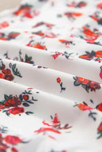 White fabric floral frilled trim spaghetti straps bodysuit with delicate red and black floral pattern