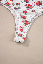 White floral frilled trim thong with red and orange rose pattern on stretchy fabric featuring trim spaghetti straps