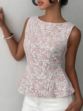 A delicate pink floral jacquard peplum tank with lace pattern and sleeveless design for elegant wear