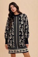 Floral Jacquard Round Neck Sweater Dress in Black and Cream Black Oatmeal