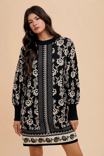 Floral Jacquard Round Neck Sweater Dress in Black and Cream Black Oatmeal