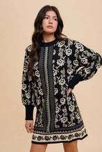 Floral Jacquard Round Neck Sweater Dress in Black and Cream