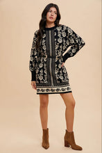 Floral Jacquard Round Neck Sweater Dress in Black and Cream