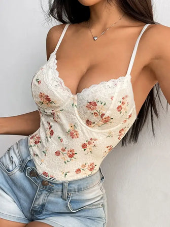 Floral Lace Backless Bodysuit with Denim Shorts Ivory Woman Bodysuits