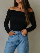 Black floral lace off-shoulder long sleeve slim top with lace detailing on sleeves for elegant wear