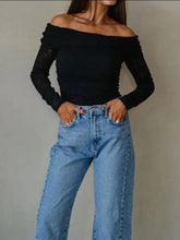 Black floral lace off shoulder long sleeve slim top with ruched bodice and sheer mesh sleeves