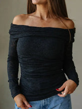 Black floral lace off-shoulder long sleeve slim top with elegant long sleeves perfect for stylish occasions