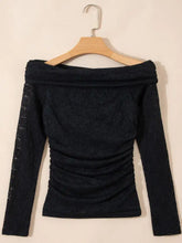 Black floral lace off-shoulder long sleeve slim top with ruched bodice and elegant fitted design