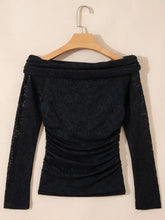 Black floral lace off shoulder long sleeve slim top with ruched bodice and elegant design for stylish occasions