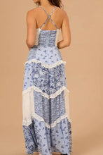 Light blue floral lace trim maxi cami dress with smocked bodice