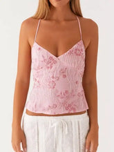 A delicate pink floral lace up back v-neck neck cami with embroidered floral patterns and beaded detailing