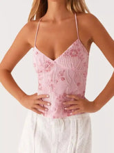 Delicate pink floral lace neck cami with v-neck and beaded floral embroidery detailing