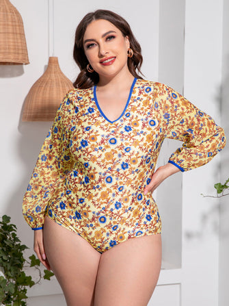 Floral Long Sleeve Backless Swimsuit Bodysuit Gold