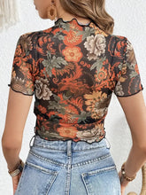 Floral Mesh Crop Top with Frill and Sheer Stretchy Fabric Woman T Shirts