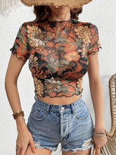 Floral Mesh Crop Top with Frill and Sheer Stretchy Fabric