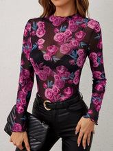 Floral Mesh Long Sleeve Bodysuit for Women