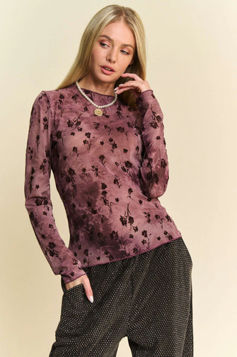 Floral Mesh Long Sleeve Sheer Top for Women BURGUNDY