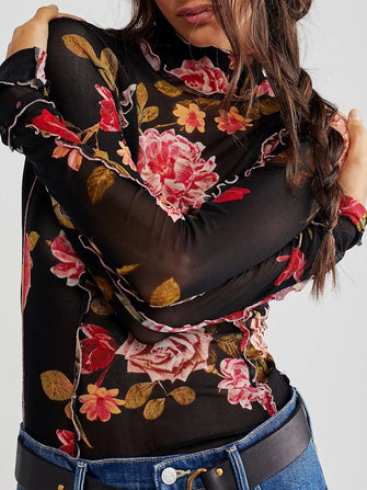 Floral Mesh Long Sleeve Top for Women Black