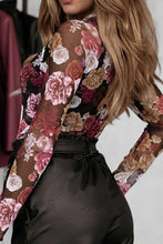 Floral Mesh Long Sleeve Top with Black Satin Pants and Faux Leather Shorts