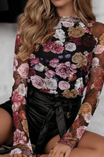 Floral Mesh Long Sleeve Top with Black Satin Pants and Faux Leather Shorts