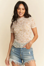 Floral Mesh Mock Neck Short Sleeve Top for Women OLIVE SAGE