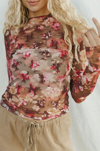 Floral Mesh Sheer Long Sleeve Top for Women Floral