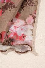 Beige floral mesh sheer long sleeve top for women with pink accents