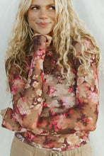 Floral mesh sheer long sleeve top for women, slightly stretchy chiffon blouse