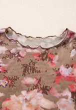 Floral mesh sheer long sleeve top with scalloped lace trim