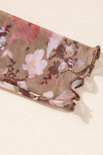 Floral mesh sheer long sleeve top with floral print scarf and frayed edges