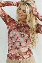 Floral mesh sheer long sleeve top for women, slightly stretchy