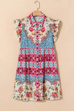 Floral Mixed Pattern Ruffle Flutter Sleeve Buttoned Dress Casual Dresses