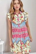 Floral Mixed Pattern Ruffle Flutter Sleeve Buttoned Dress Floral Casual Dresses