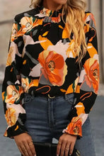 Floral Mock Neck Flounce Sleeve Blouse Black Woman Blouses