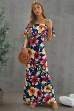 Floral Off Shoulder Ruffle Maxi Dress with Long Flounce Sleeves Dark Blue