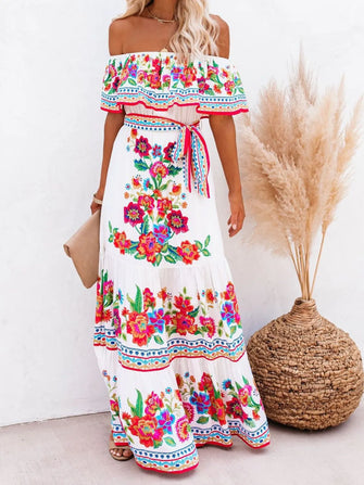 Floral Off Shoulder Ruffled Maxi Dress White