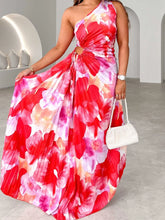 Floral One Shoulder Pleated Maxi Dress Red