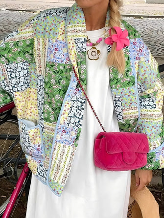 Floral Patchwork Quilted Jacket with Pockets Gum Leaf