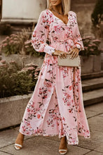 Pink floral print maxi dress with long sleeve bishop ruffles and v-neckline