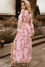 Floral pink maxi dress with long sleeve bishop sleeves, high slit, belt