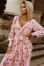 Floral pink maxi dress with long sleeve bishop sleeves and belt