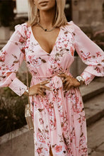 Floral pink maxi dress with long sleeve bishop ruffles and deep V-neck