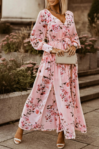 Floral Pink Maxi Dress with Long Sleeve Bishop Sleeves Floral